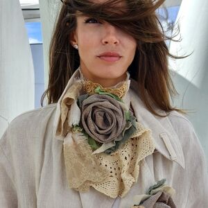 Antique Victorian Jabot Avant-garde Upcycled Vintage Lace Large Gold Rose